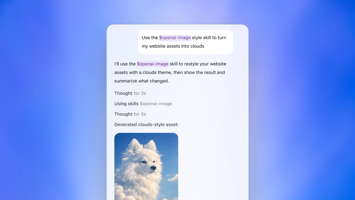 Interface showing a Codex skill workflow where the user asks to use the $openai-image style skill to turn website assets into clouds. The panel shows step-by-step status messages (“Thought for 3s,” “Using skills”), and a generated preview image of a dog formed from clouds against a blue sky.