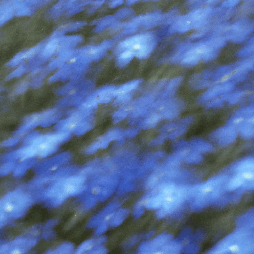 A blurred image with various shades of blue and spots of white, resembling a field of blue flowers.