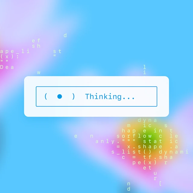 Abstract illustration with a blue gradient background, faint lines of computer code in white, and a white chat-style box centered on the image displaying “( • ) Thinking…”. Soft pastel glows in pink, green, and yellow accent the edges.