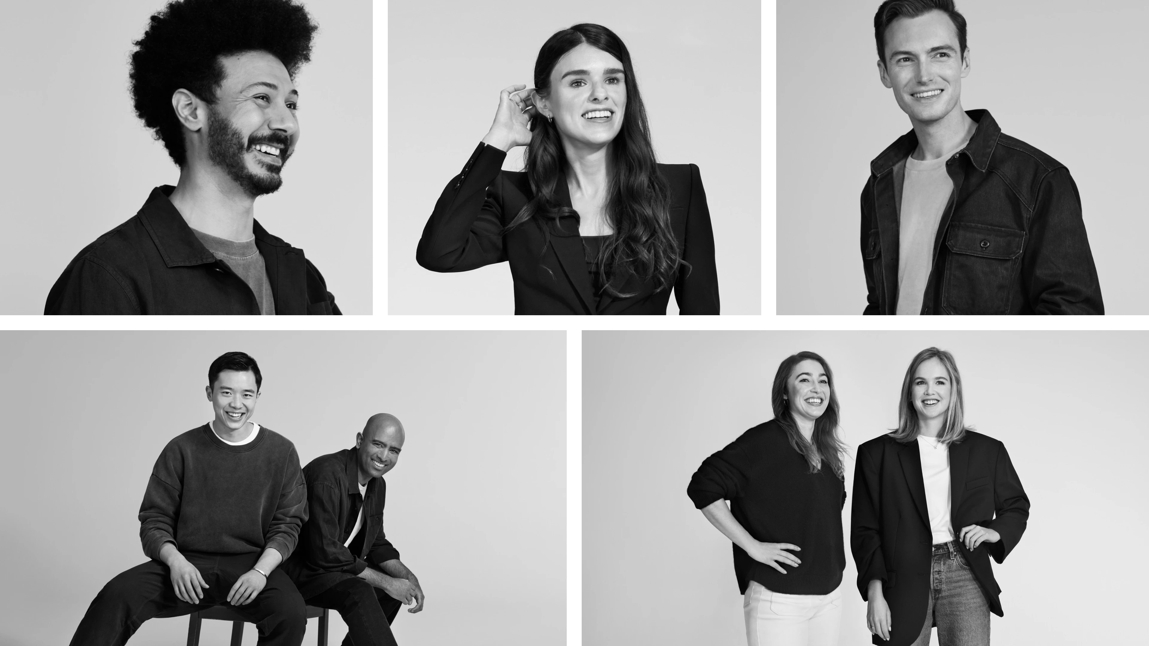 Black-and-white collage of founders in OpenAI’s Frontier Builders Campaign. Top row: Kareem Amin, Founder and CEO of Clay, smiling in profile; Christina Cacioppo, Founder and CEO of Vanta, smiling with her hand raised near her ear; and Connor Heggie, Founder and CTO of Unify, standing confidently in a denim jacket. Bottom row: Jesse Zhang and Ashwin Sreenivas, Co-Founders of Decagon, seated side by side and smiling; and Kathleen McMahon and Tess van Stekelenburg, Co-Founders of Valthos, standing together and laughing. The portraits highlight entrepreneurs using OpenAI tools to build companies driving breakthroughs in growth, security, biological defense, and global customer experience.