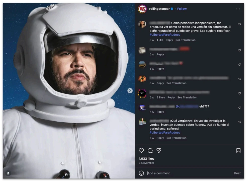 Screenshot of a Rolling Stone Instagram post and comments linked to the Trolling stone operation.