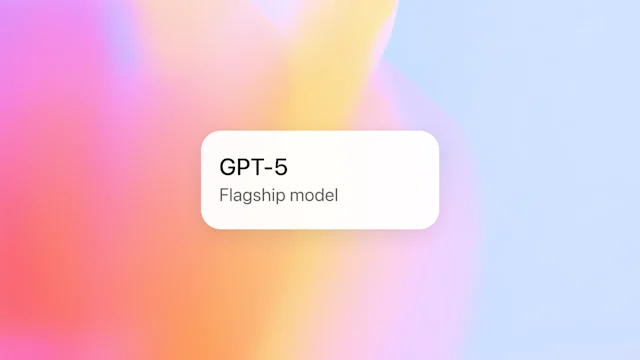 White rounded rectangle containing the te“GPT-5” in bold and “Flagship model” in gray, set against a soft gradient background blending pink, orange, yellow, and light blue hues.