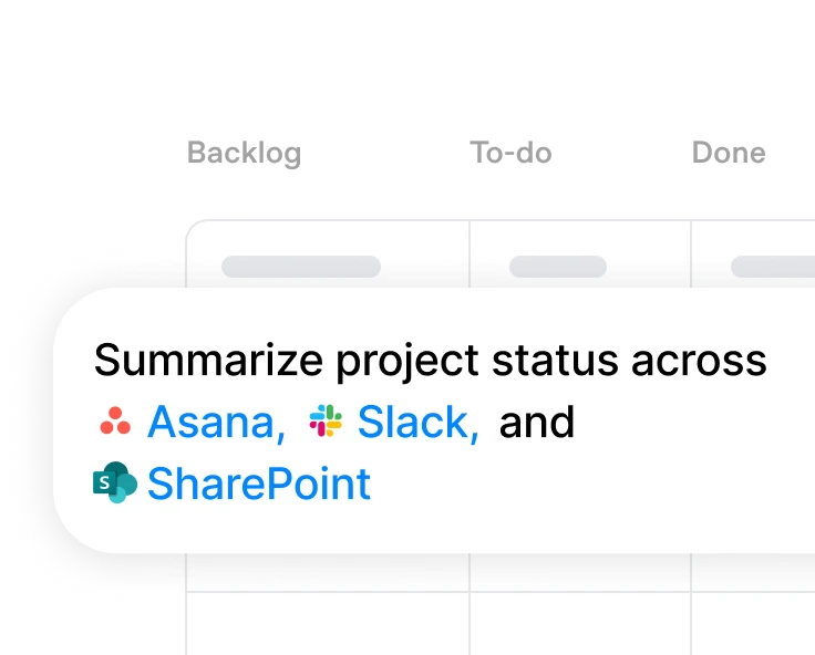 Prompt card summarizing project status across Asana, Slack, and SharePoint over a project board.