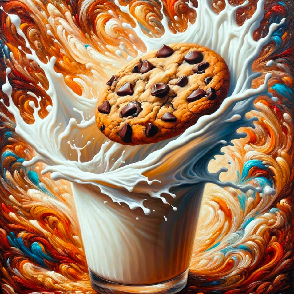 An expressive painting of a chocolate chip cooking being dunked in a glass of milk. It sits next to an image created by DALL.E 2 depicting the same thing.