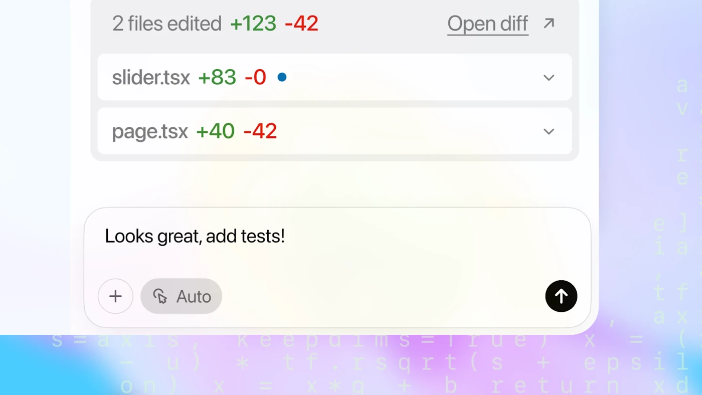 Chat interface showing code changes with file names slider.tsx and page.tsx, displaying +123 and -42 edits. The message “Looks great, add tests!” is shown below.