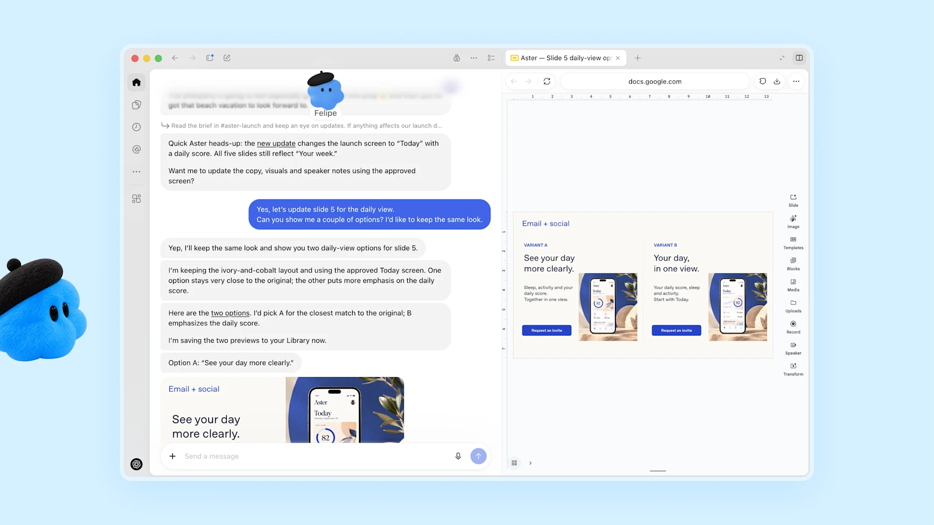 Official dots launch image: a blue mascot in a beret beside a ChatGPT-style panel where the dot reports a product change, proposes updating slides, and offers two variants of a slide