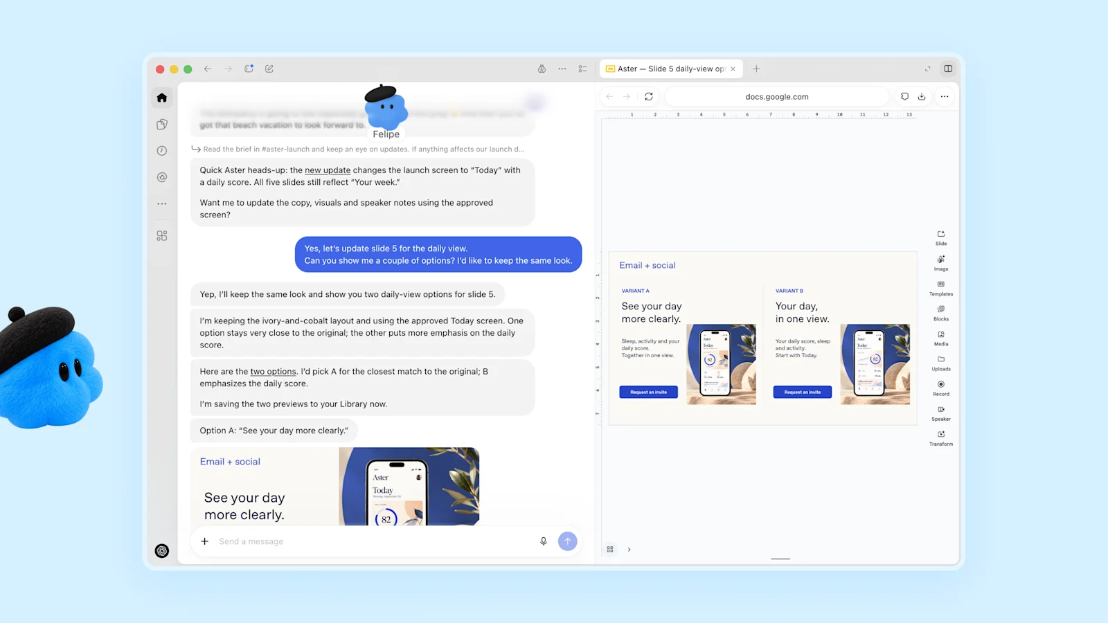 Dot azul Felipe revisa materiais de lançamento