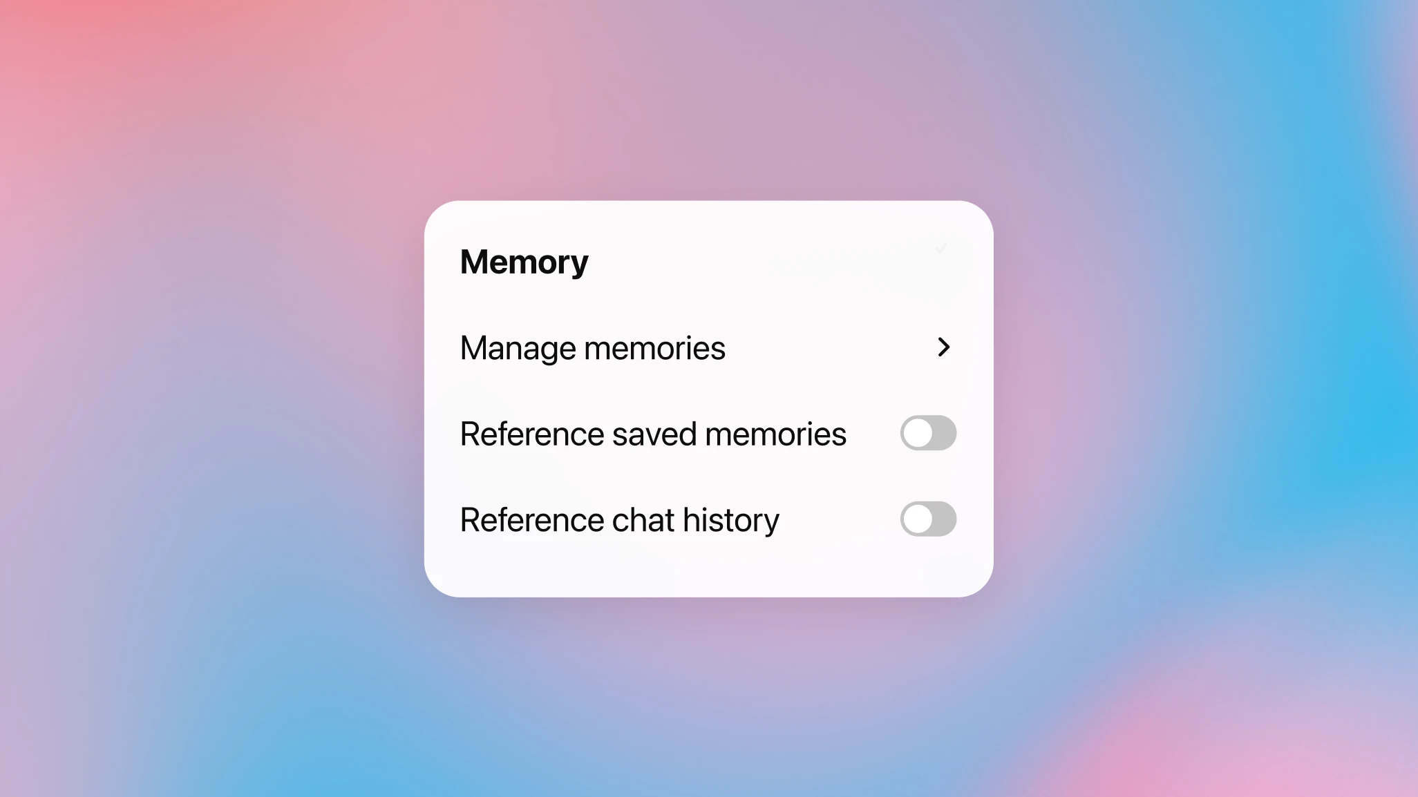 Mobile “Memory” settings panel showing options to manage memories, reference saved memories, and reference chat history, with both toggles switched on, against a soft blue-pink gradient background.