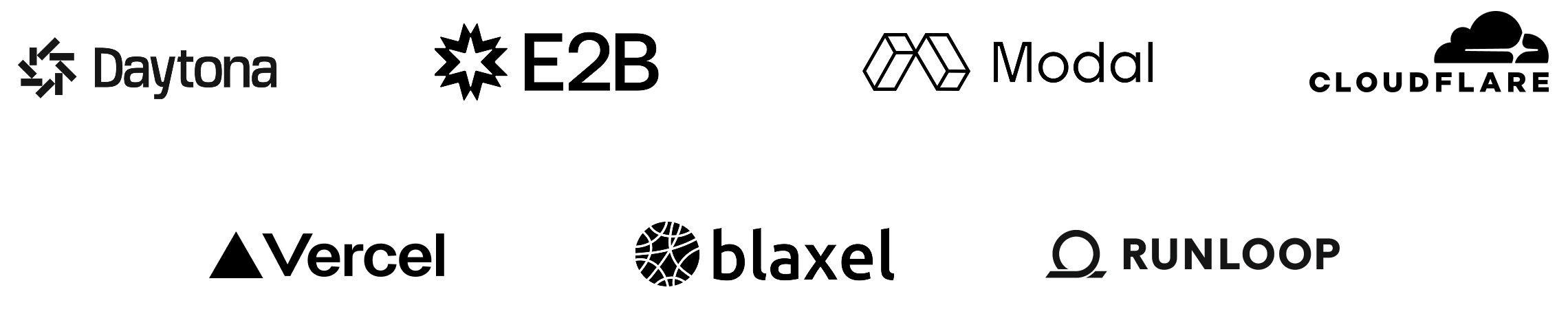Logos for Daytona, E2B, Modal, Cloudflare, Vercel, Blaxel, Runloop