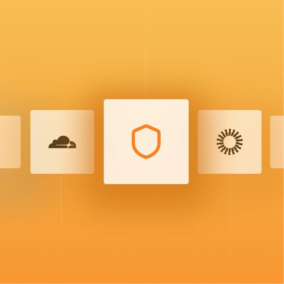 Orange illustration of a shield between partner logo panels, representing the Daybreak Defense Network.