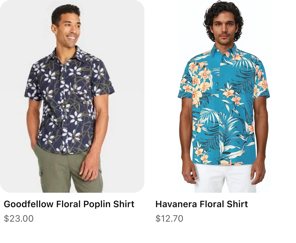 Two men modeling short-sleeve floral shirts: one wearing a dark navy shirt with a white floral pattern, and the other wearing a bright blue tropical floral shirt, each shown against a neutral background with product names and prices below.