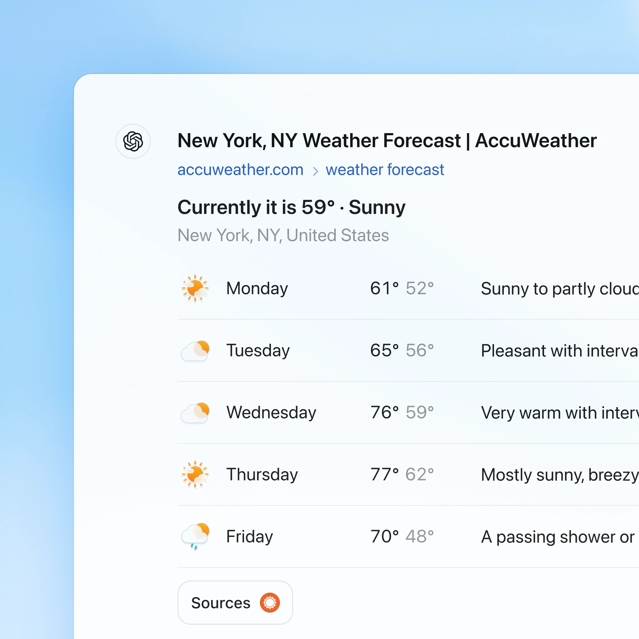 AccuWeather forecast for New York, NY, currently 59°F and sunny. This week: Monday, 61°F, partly cloudy; Tuesday, 65°F, pleasant; Wednesday, 76°F, warm; Thursday, 77°F, mostly sunny; Friday, 70°F with showers. A ‘Sources’ button is below.