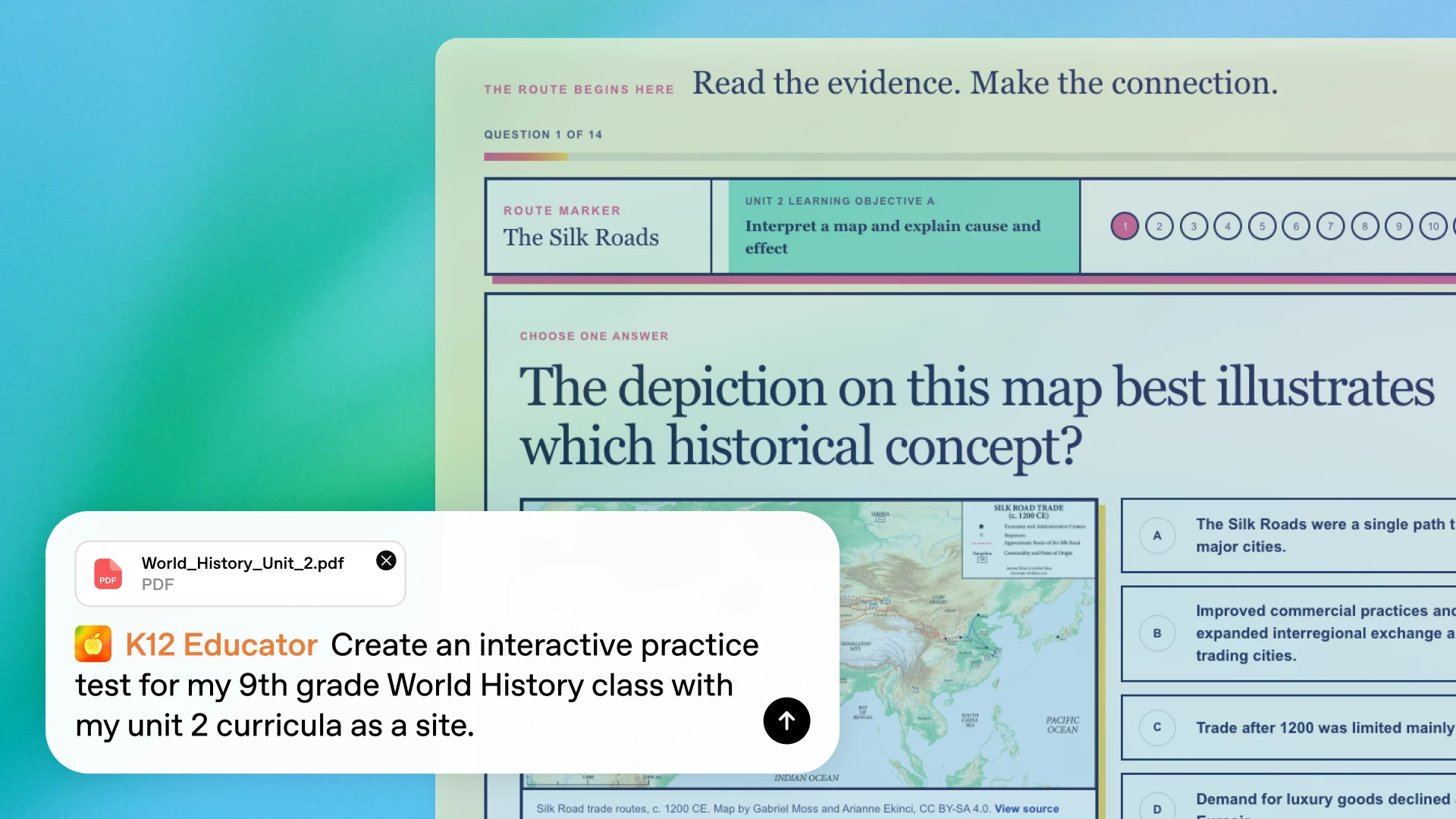 Interactive world history practice test generated from a curriculum PDF, with a Silk Roads map question.