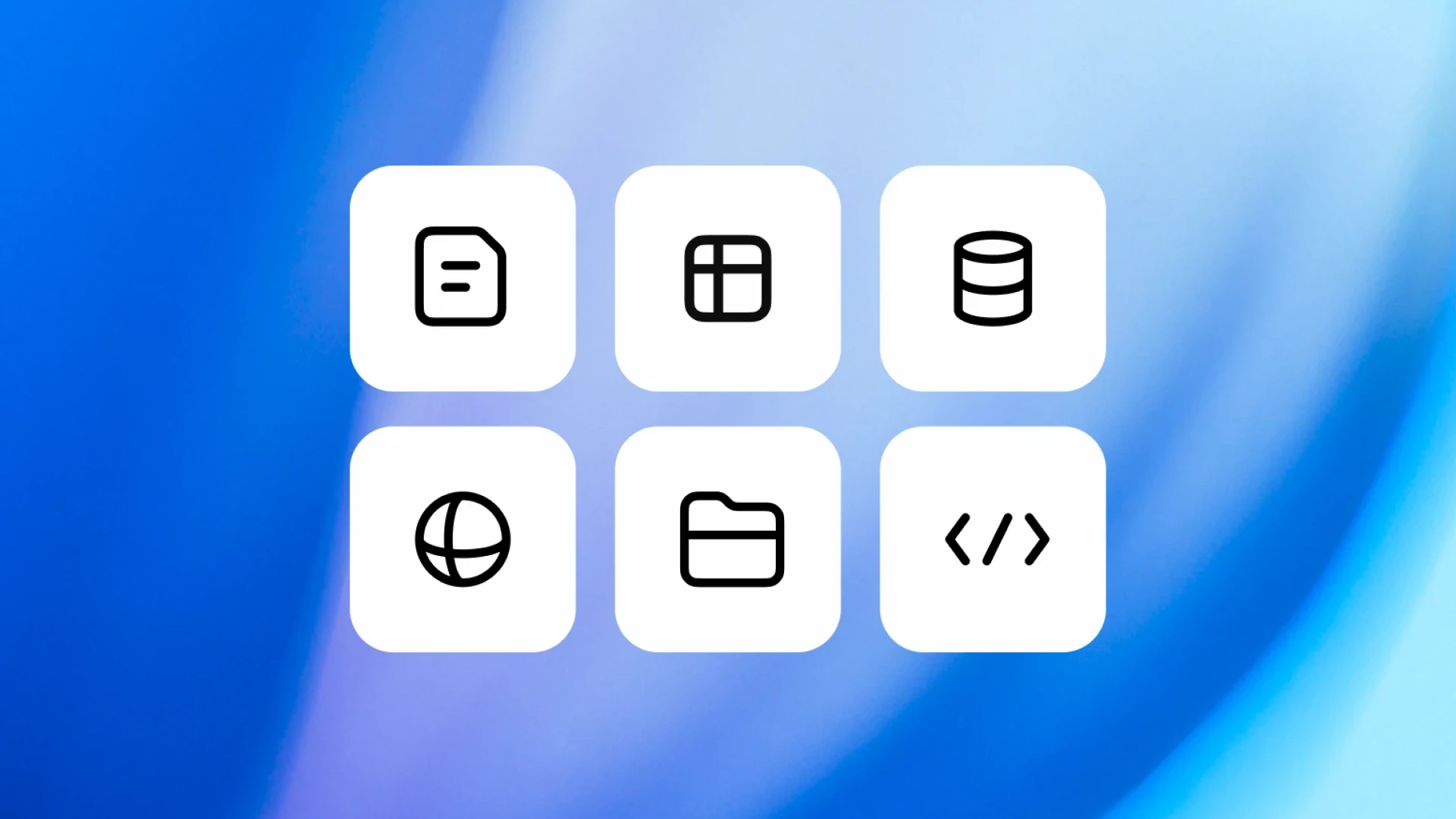 Six rounded square icons representing documents, tables, databases, globe, folders, and code, arranged in two rows of three on a blue gradient background.