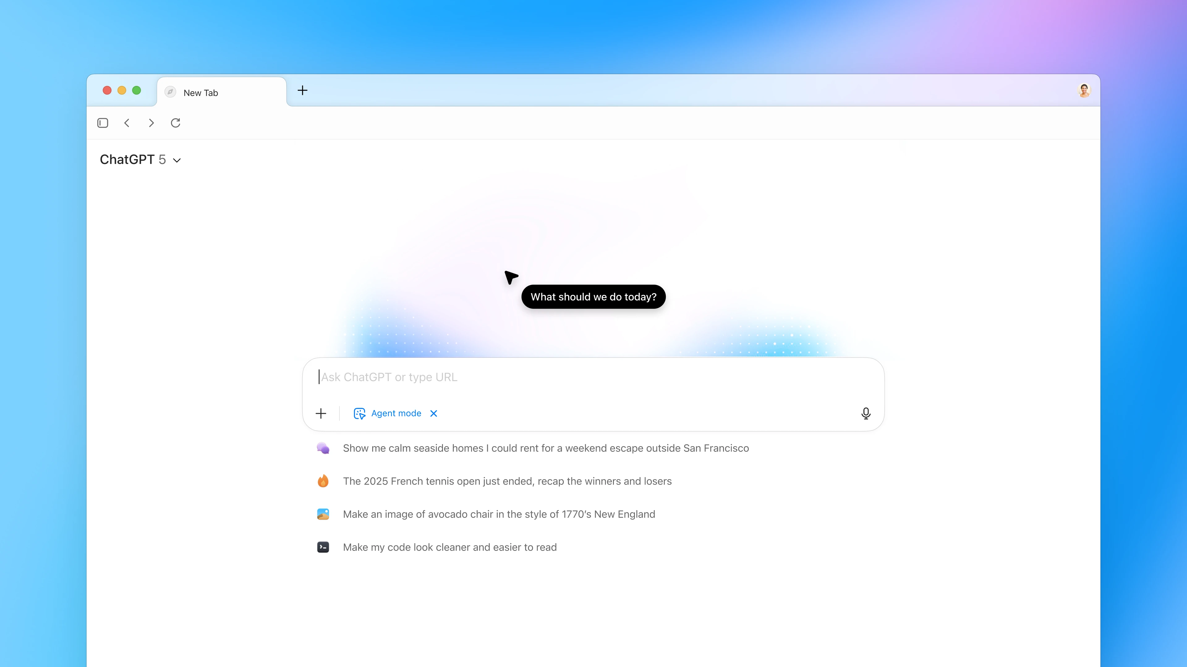 ChatGPT Atlas home screen in a browser, showing a prompt bubble that says ‘What should we do today?’ above the input bar. Below the input field are suggested prompts such as finding seaside homes to rent near San Francisco, recapping the French Open, creating an image of an avocado chair in 1770s New England style, and improving code readability. The background has a soft blue and lavender gradient.