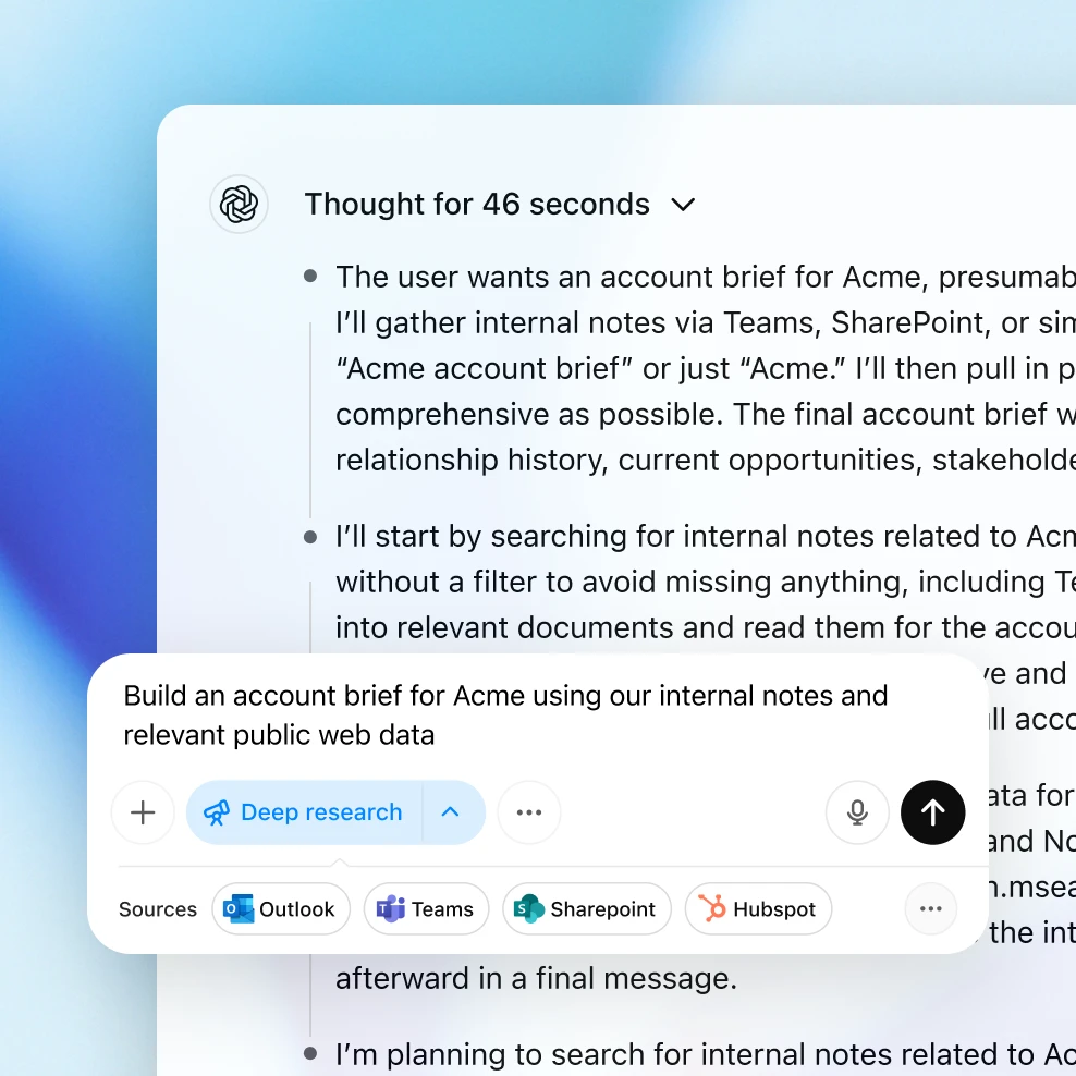 Sales brief request for Acme with AI response outlining sources and plan to gather internal and public data for account summary.