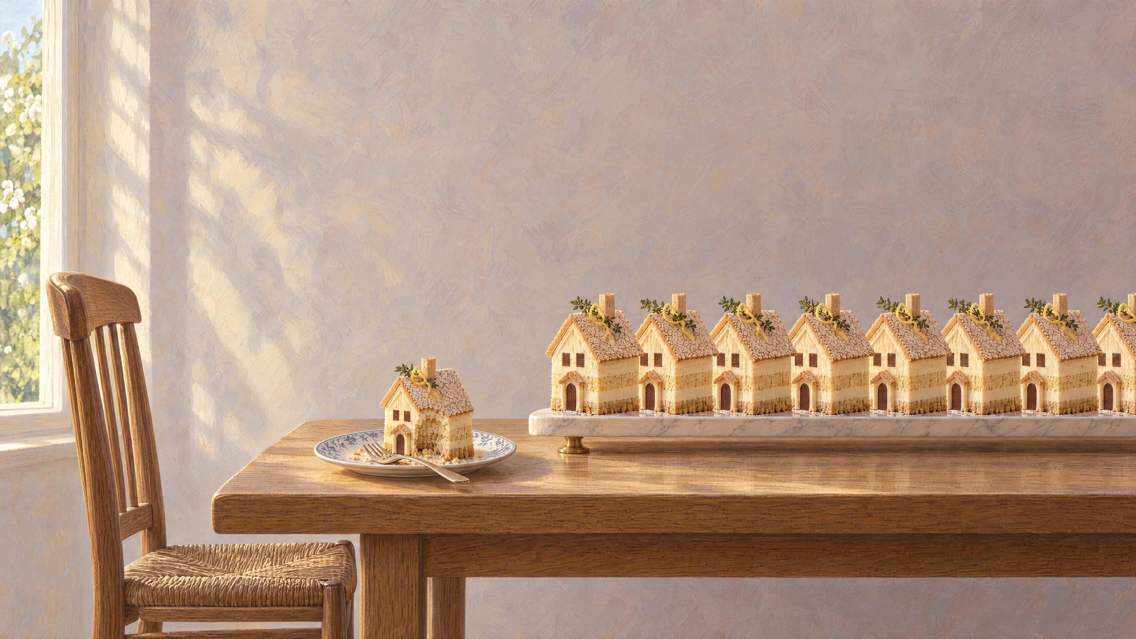 Image 3: A small house-shaped cake on a plate sits in front of a row of larger house-shaped cakes.