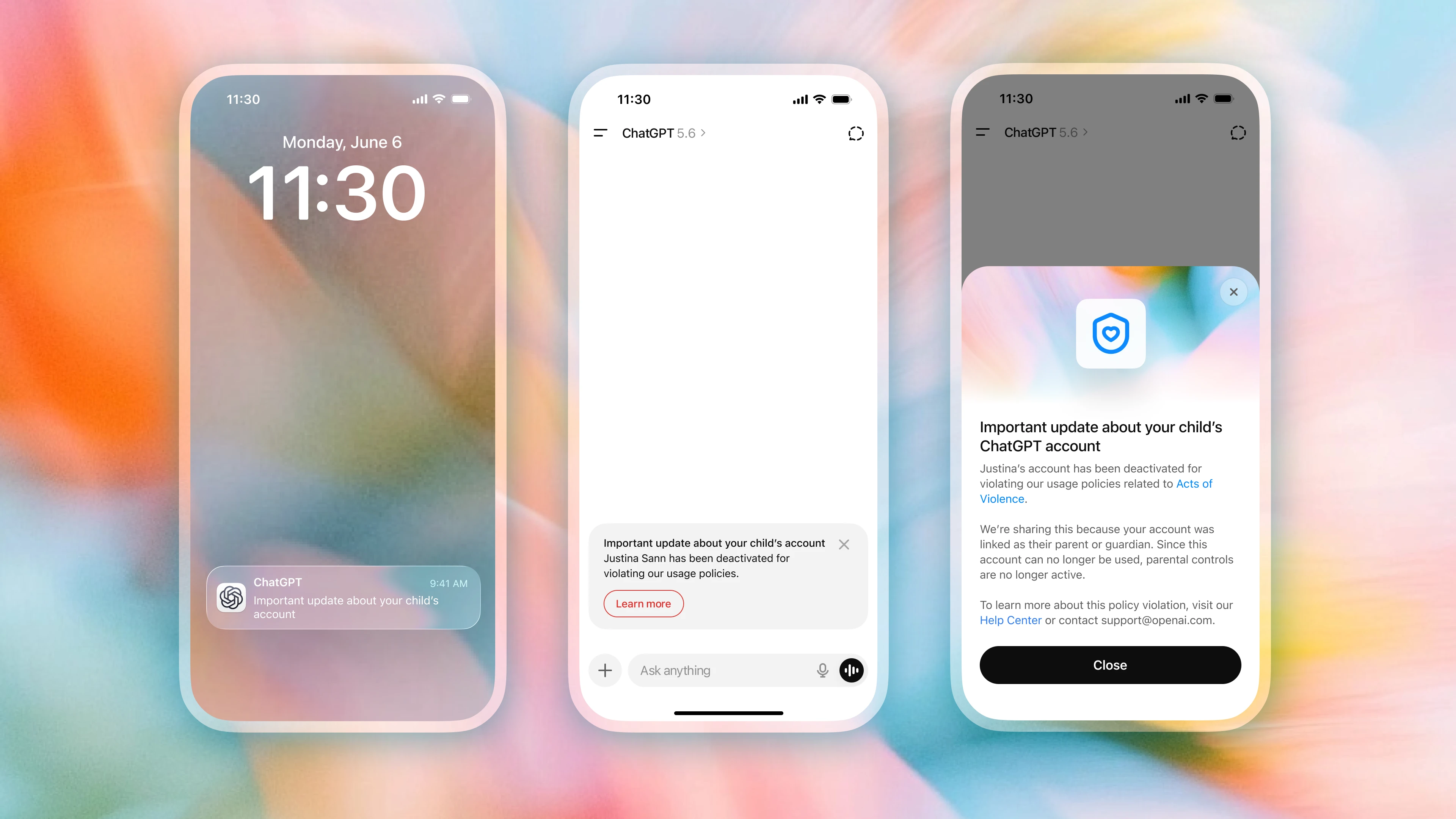 Parent notification screens for an important update about a child's ChatGPT account.