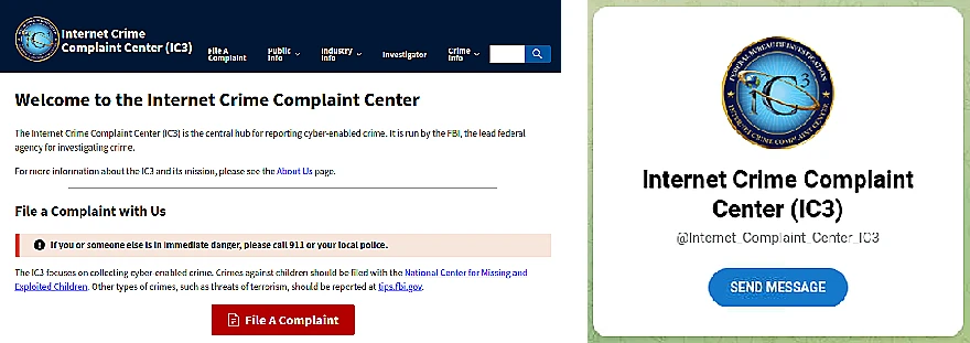 Two screenshots of a website impersonating the FBI’s IC3 unit and directing visitors to an impersonation Telegram account.