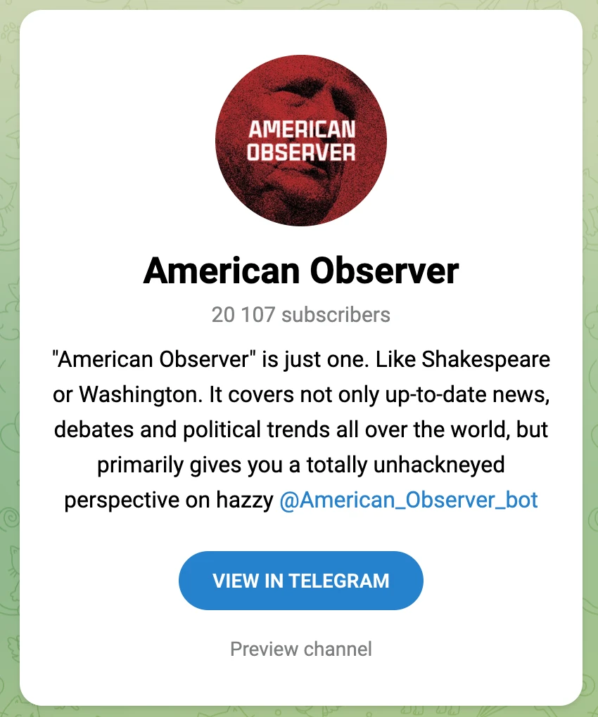 Telegram profile for American Observer with non-idiomatic English in the bio.