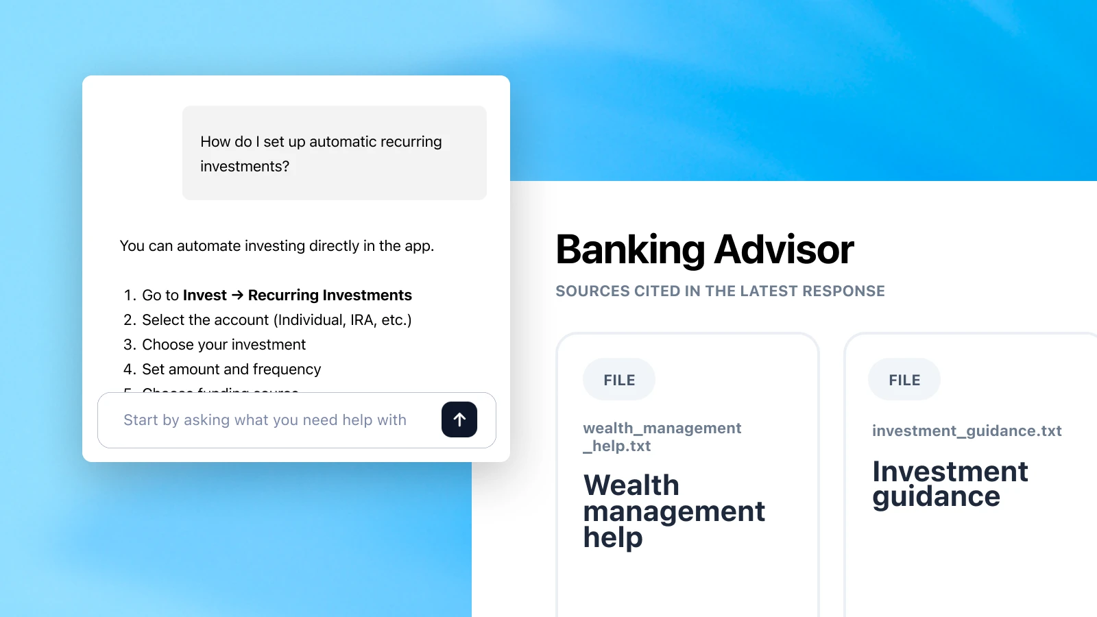 A chatbot provides steps for setting up automatic recurring investments, including navigation paths and setup options. The panel on the right, titled “Banking Advisor,” lists files “Wealth management help” and “Investment guidance.” The background has a soft blue tone.