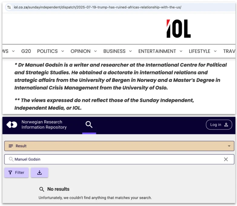 Screenshot showing an author bio and a search with no results for the claimed academic identity.