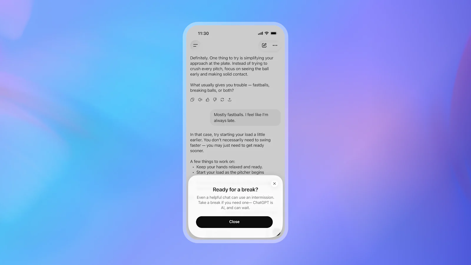 ChatGPT for Teens break reminder prompt shown during a teen conversation