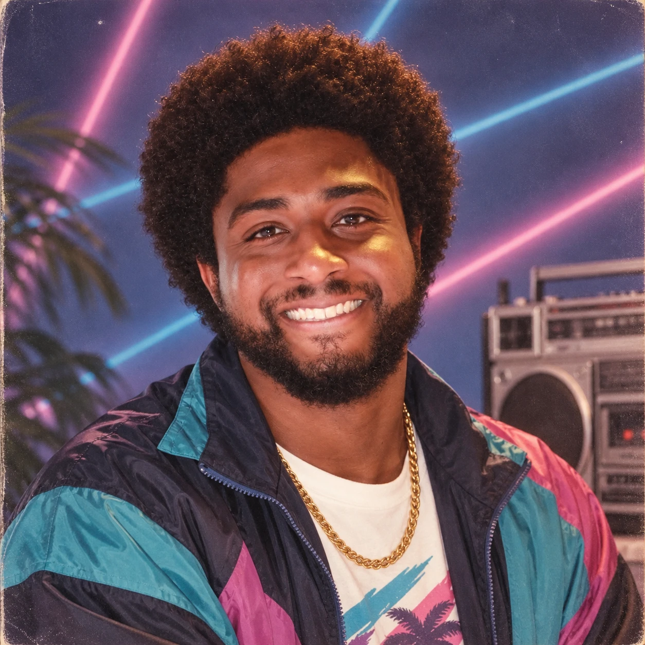 A smiling man with curly hair wears a teal, navy, and pink windbreaker and a gold chain in an ’80s-style portrait with neon lights and a boombox.