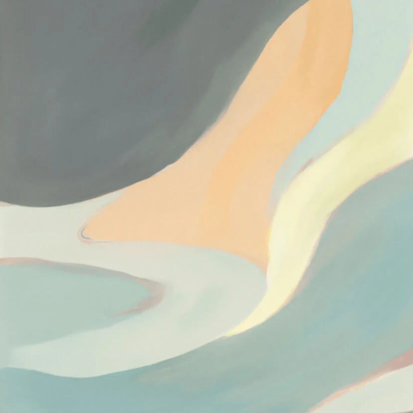 An abstract painting with flowing shapes in shades of gray, peach, and blue, suggesting a harmonious blend of form and color, possibly evoking a landscape or seascape.