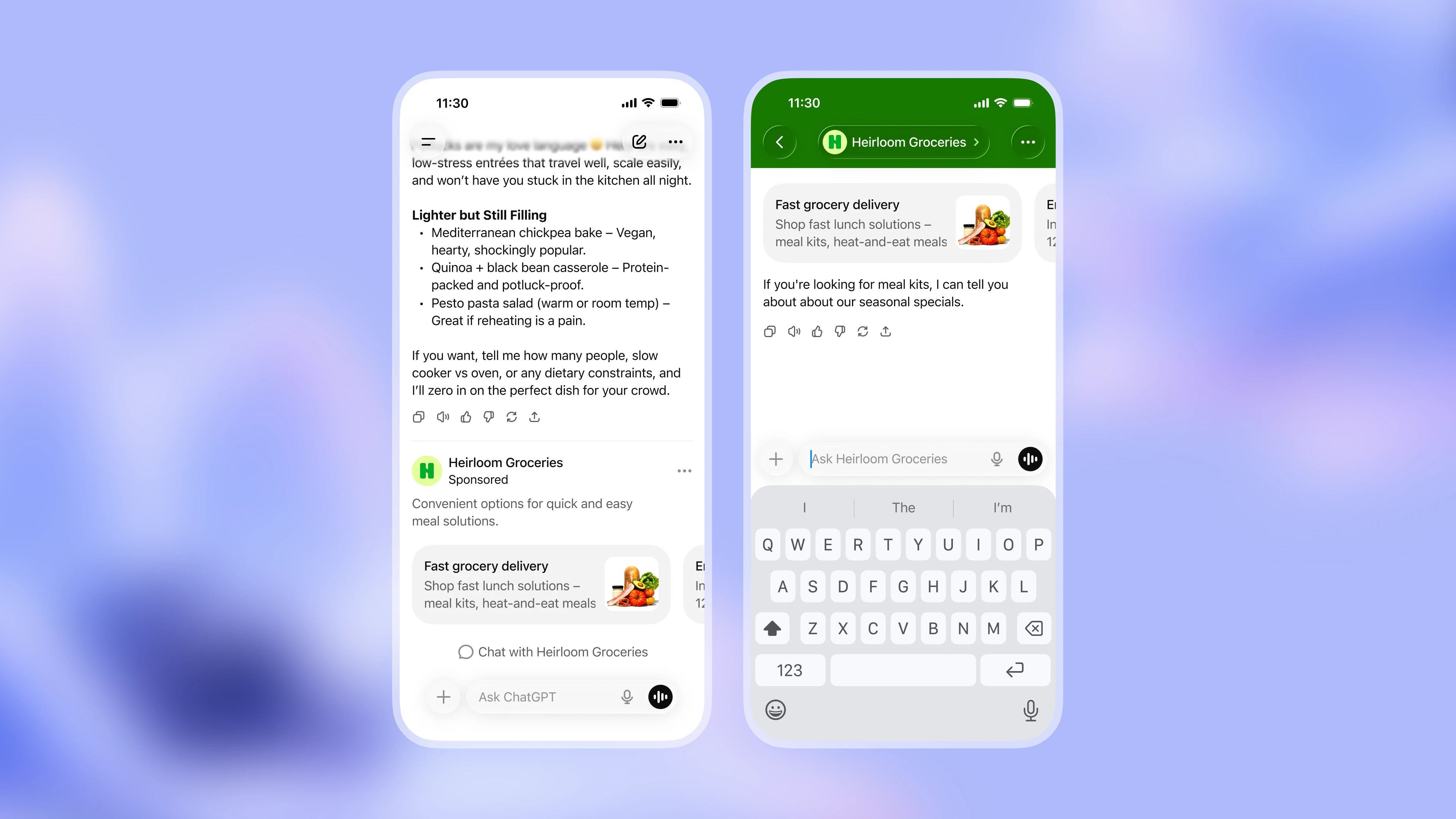 两个手机画面，展示一段关于前往新墨西哥州圣塔菲旅行的ChatGPT 对话：左侧为资讯型旅游回覆，并清楚标示「Pueblo & Pine」沙漠小屋的赞助列表；右侧为后续对话画面，包含文字输入栏，整体呈现在柔和的蓝色渐层背景上。