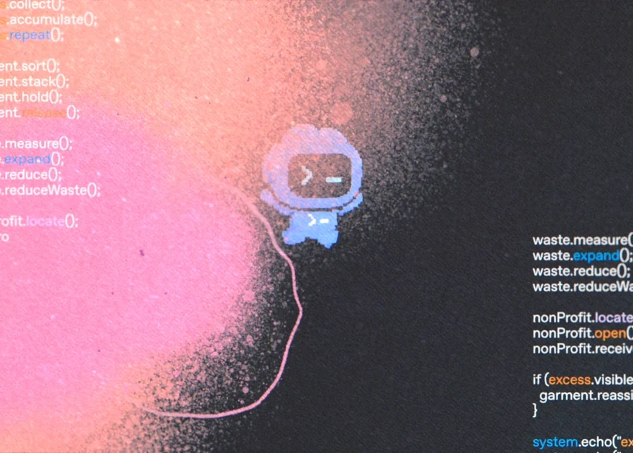Blue Codex pet beside lines of code and a cloud of pink and orange particles.
