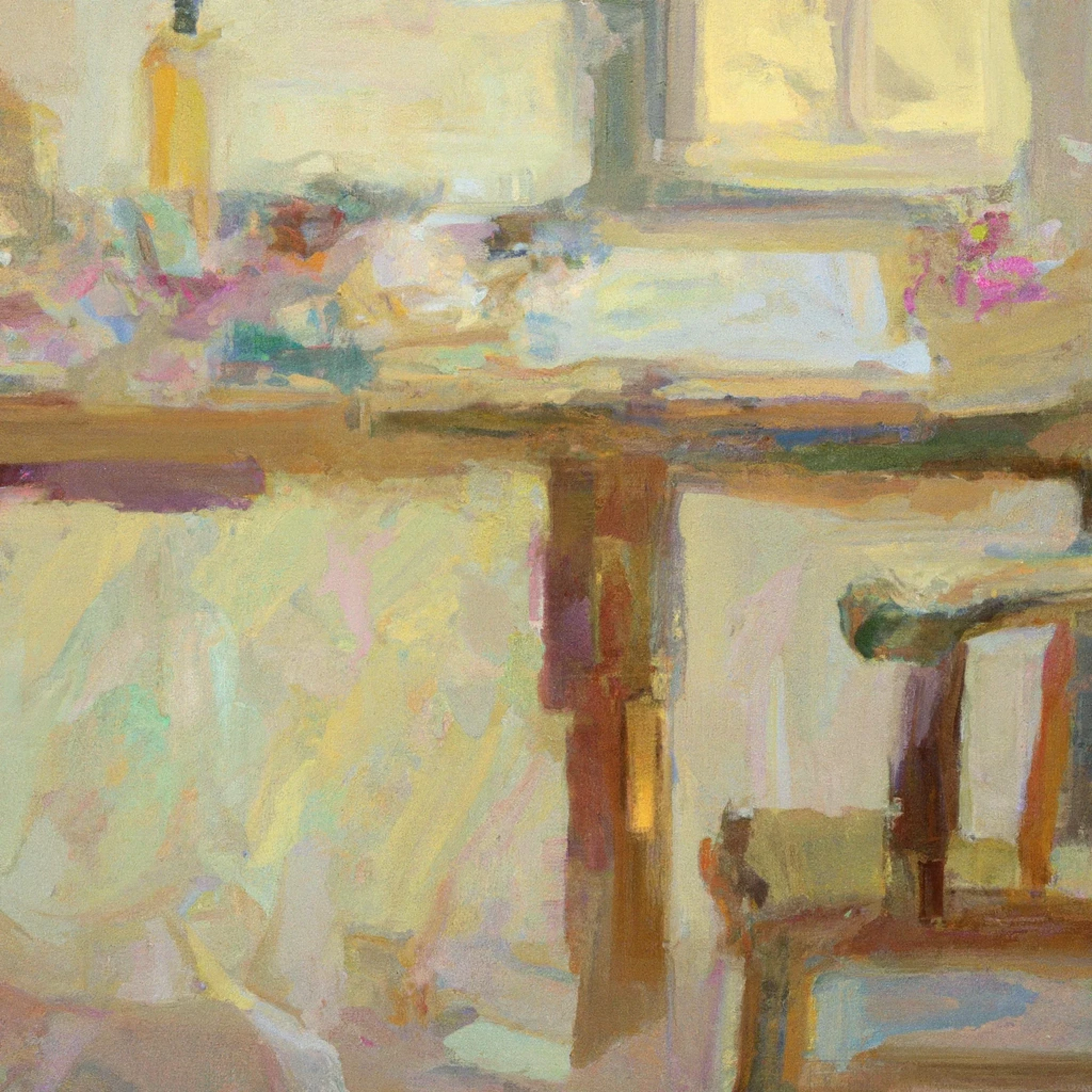 An abstract expressionist painting of a desk and chair near a window in a warm color palette.