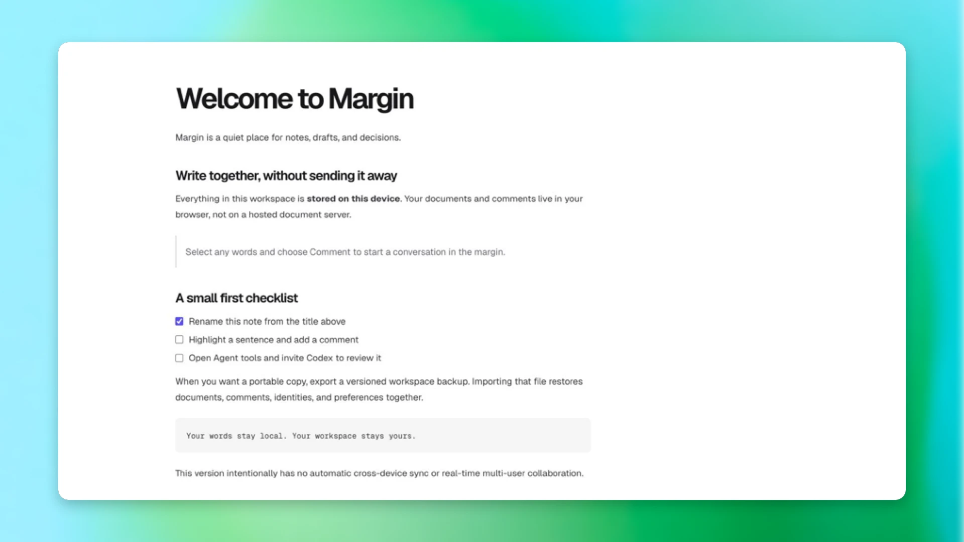 Screenshot of the Collaborative Writing WebMCP example app displayed on an approved neutral wallpaper
