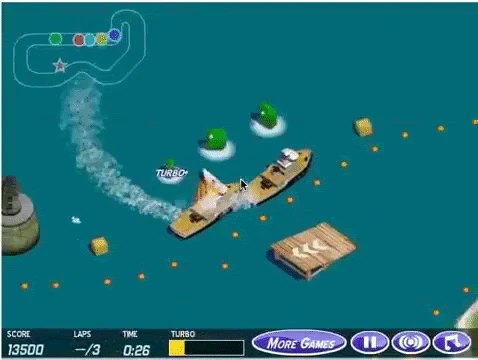 Animated boat-racing game illustrating an agent repeatedly collecting rewards instead of finishing the race.