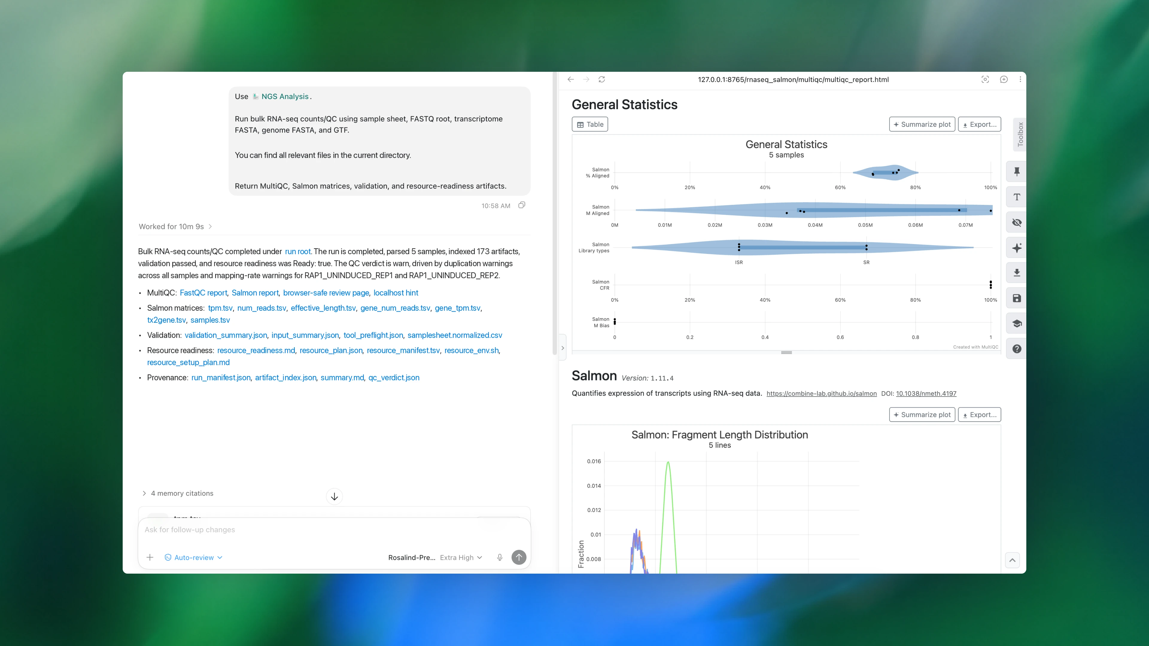 Screenshot showing RNA-seq bulk counts quality control report with summary text, links to reports, validation, resource readiness, and provenance files, and graphical violin plots of general statistics and fragment length distribution for five samples.
