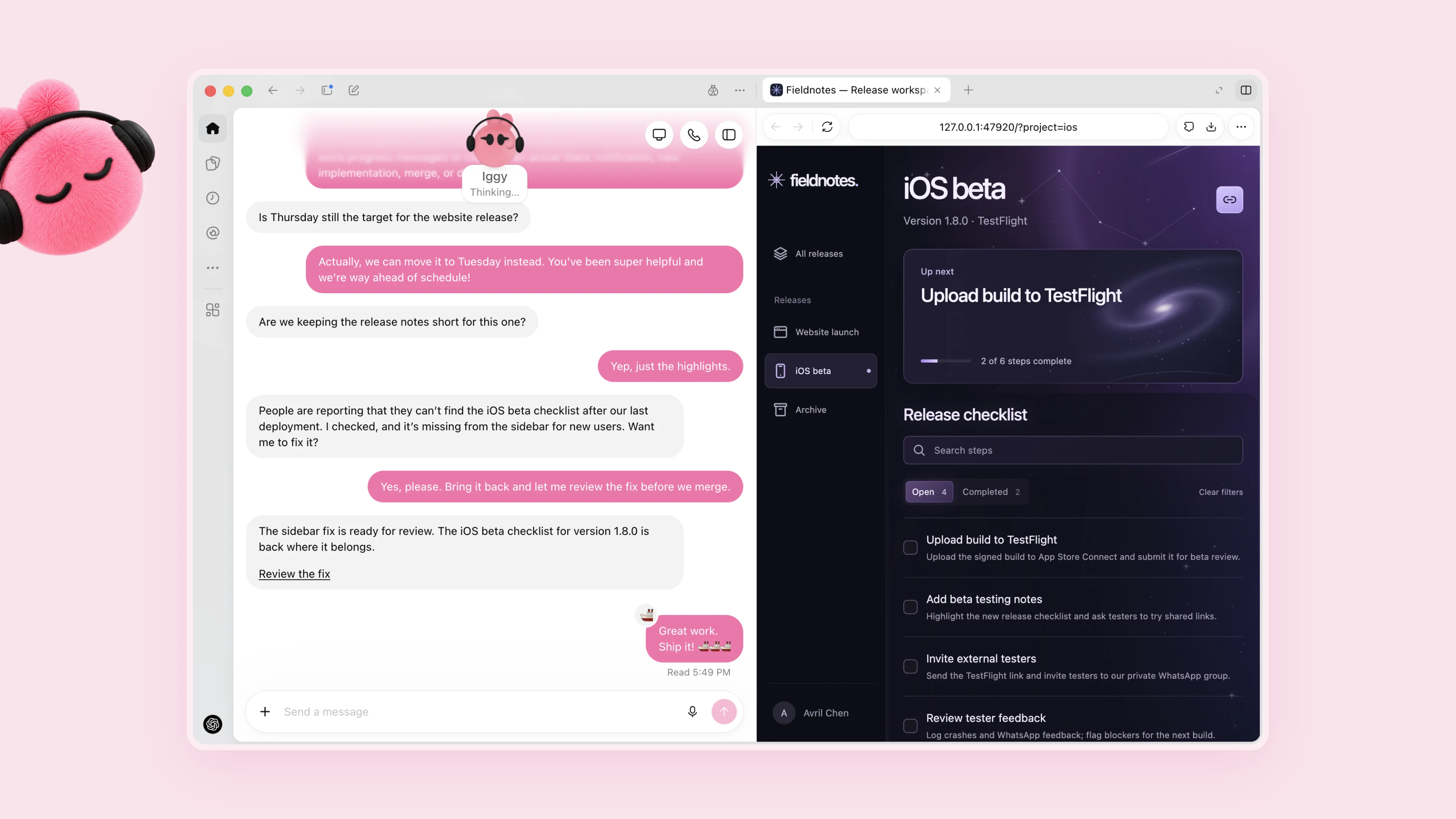 Pink dot Iggy prepares an iOS beta checklist fix beside a release workspace.