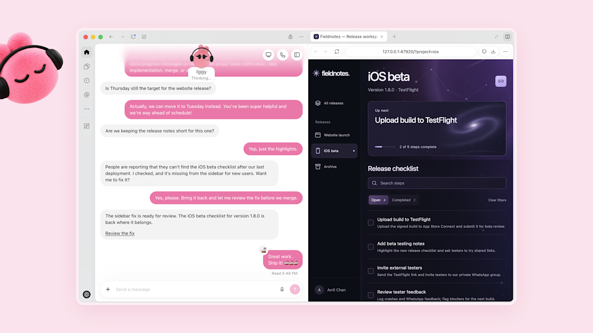 OpenAI dots example showing a chat about a missing iOS beta checklist beside the app release workspace