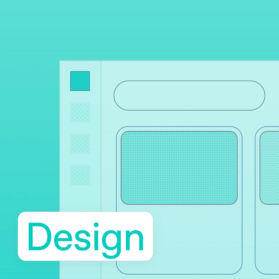 Teal design illustration with UI panels and a Design label.