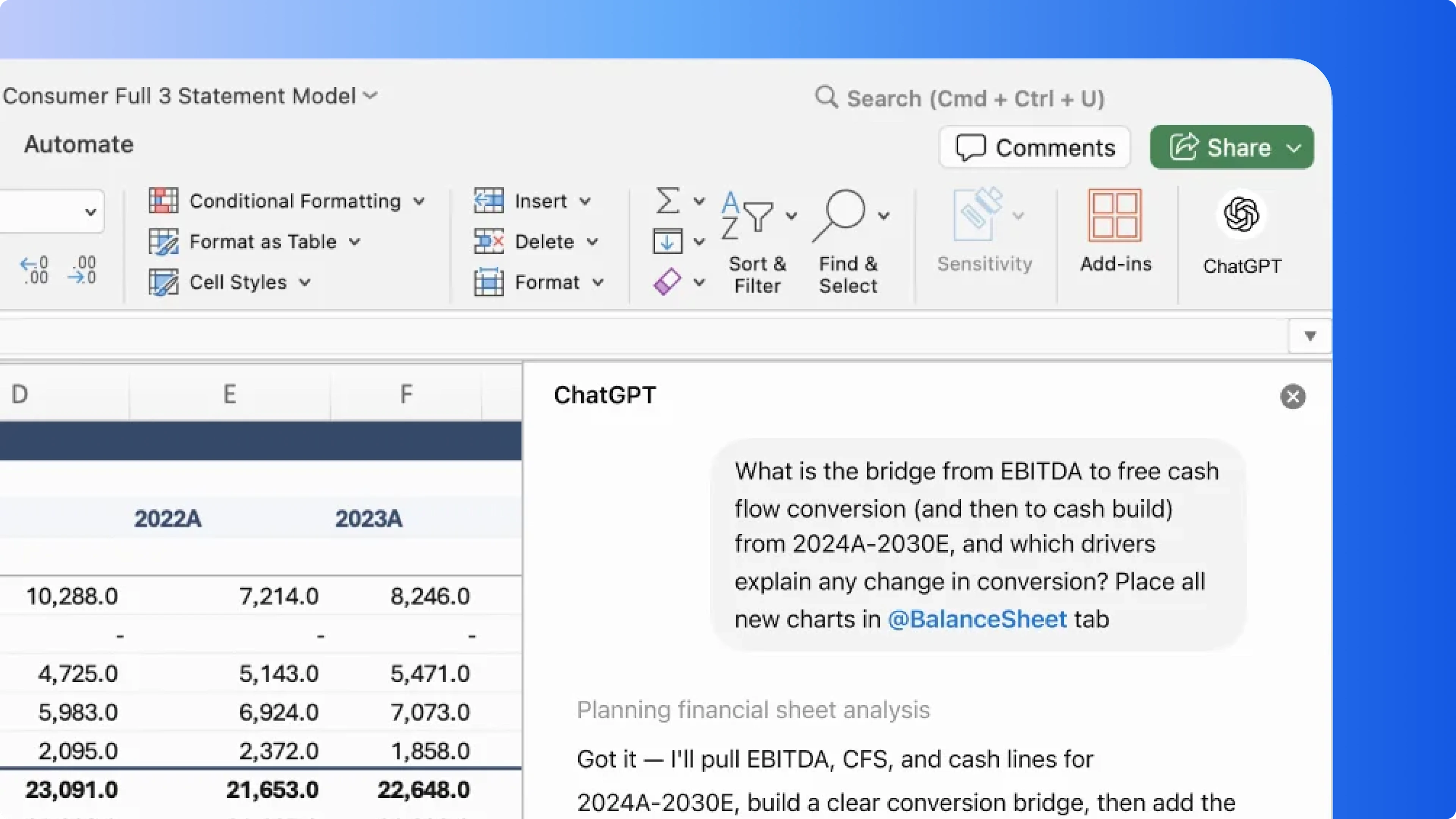 ChatGPT in Microsoft Excel analyzes a financial balance sheet and cash flow conversion.