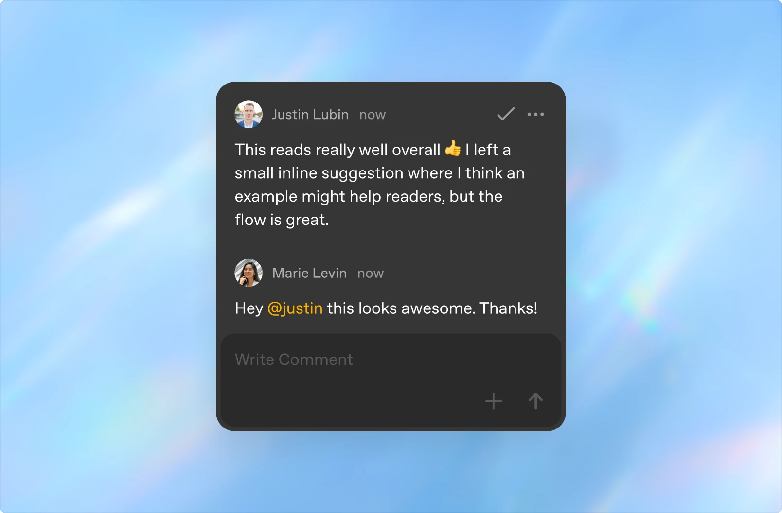 Comment thread interface showing feedback on a document, with one reviewer praising the flow and leaving a small inline suggestion, followed by a reply thanking them, displayed in a dark comment panel against a soft blue gradient background.