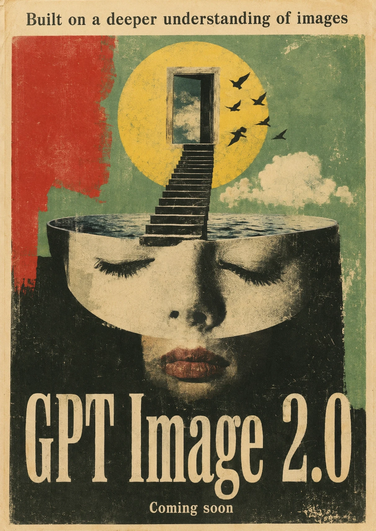 Generated with ChatGPT Images 2.0, this surrealist retro poster features a contemplative face transformed into an open mindscape of water, stairs, and a doorway beneath a sun, symbolizing deeper image understanding, imagination, and visual reasoning.