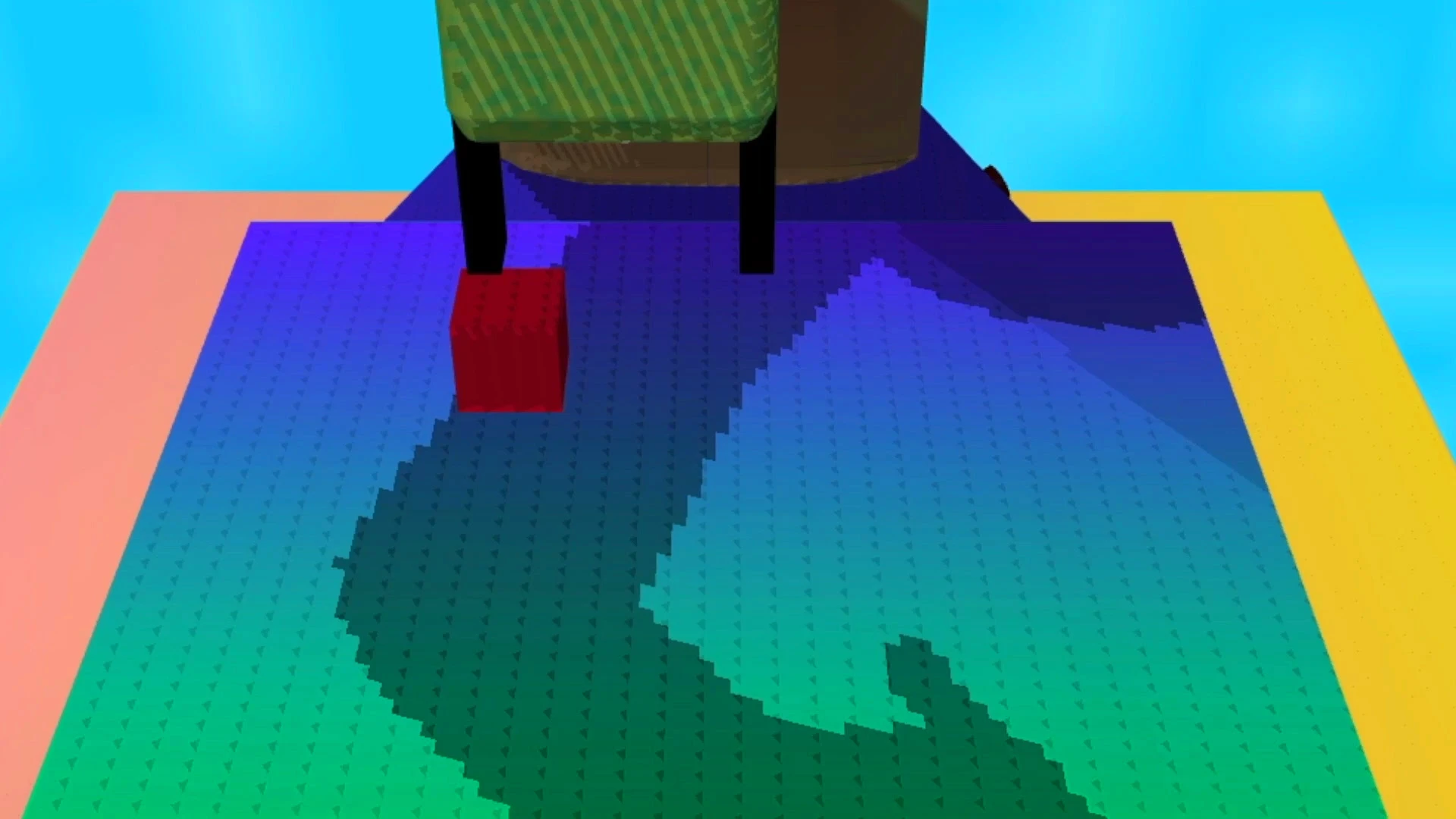 Colorful 3D render of a robot simulation interacting with a red cube on a platform