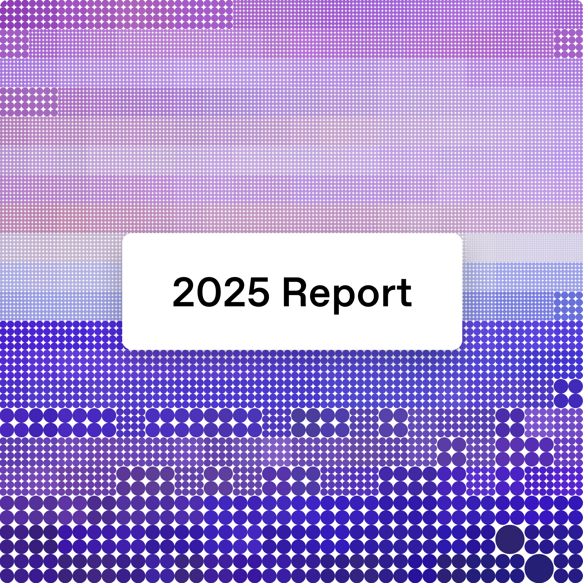 Graphic titled “2025 Report” centered on a background of purple and blue halftone dots forming a pixelated landscape beneath a soft pink gradient sky.