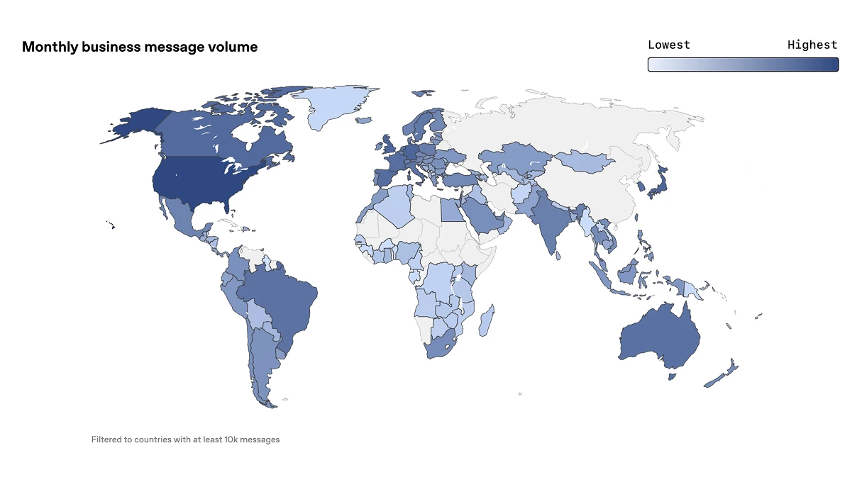 World map shaded by monthly business message volume, with darker blue indicating higher volume. The United States, parts of Europe, India, Australia, and Brazil appear among the highest usage regions. Countries with at least 10k messages are included.
