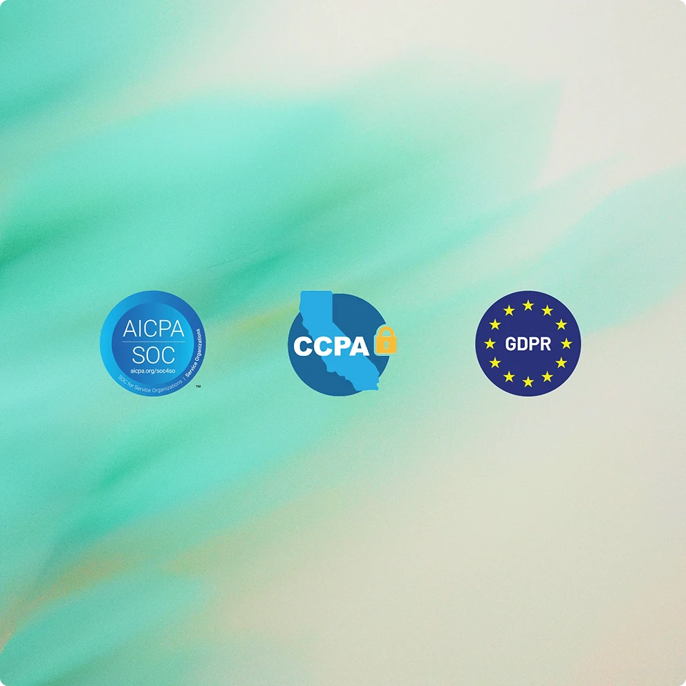 Three compliance badges displayed on a green and cream gradient background: AICPA SOC, CCPA (California Consumer Privacy Act), and GDPR (General Data Protection Regulation), representing data privacy and security standards.