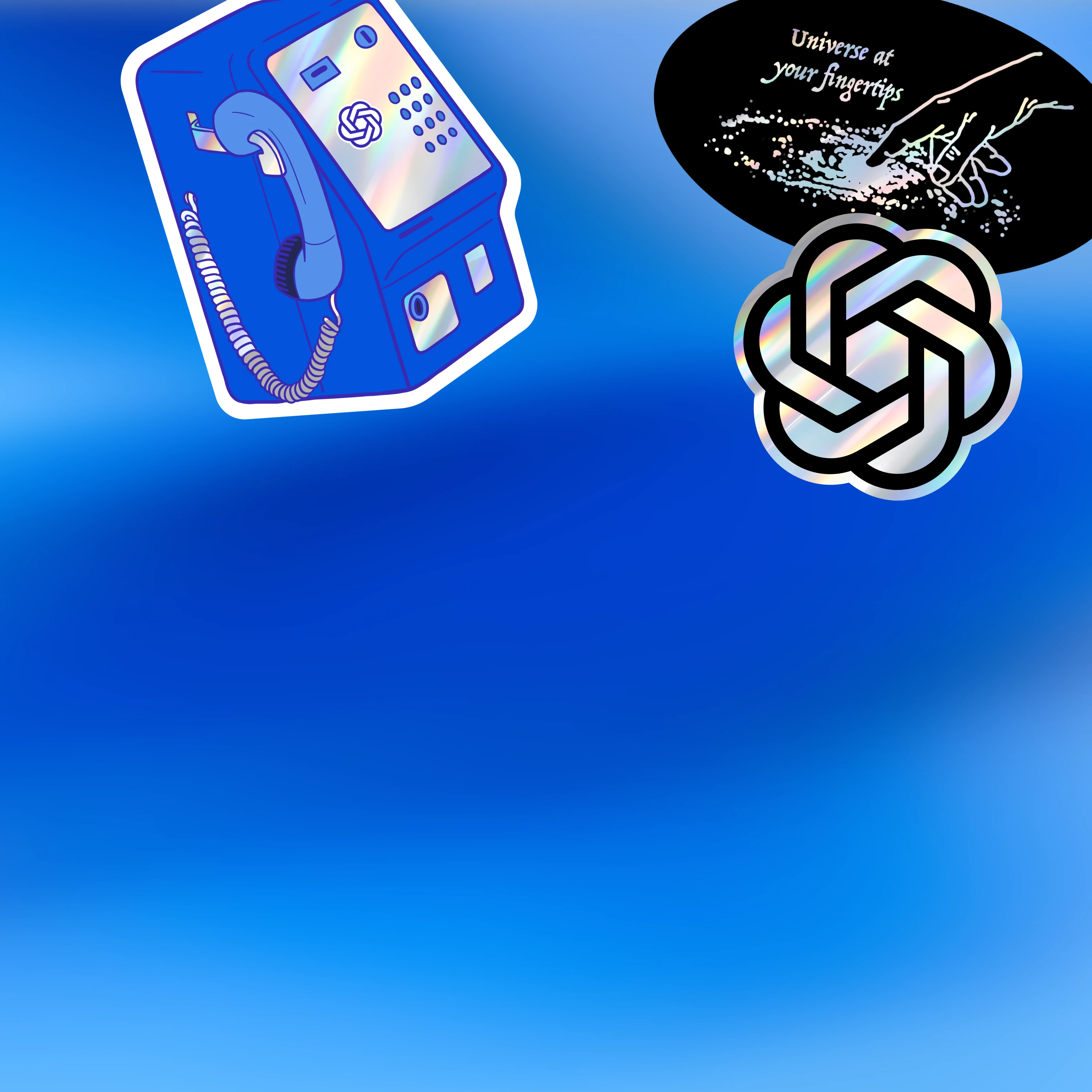 Blue gradient background featuring a stylized blue payphone with an OpenAI logo on it at the top left, and at the top right a holographic OpenAI logo beneath a black oval graphic that reads “Universe at your fingertips” with an illustrated hand reaching toward scattered light.