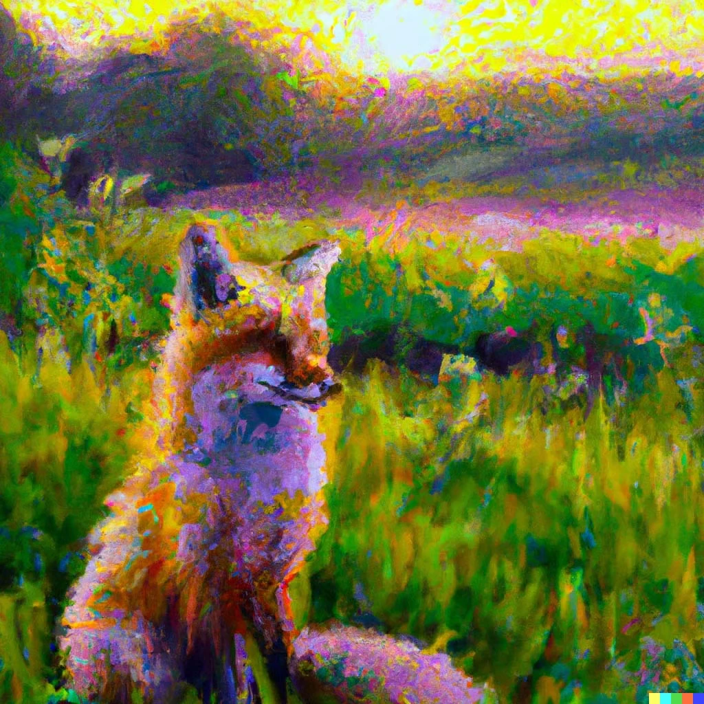 A digital painting of a fox in a grassy field.