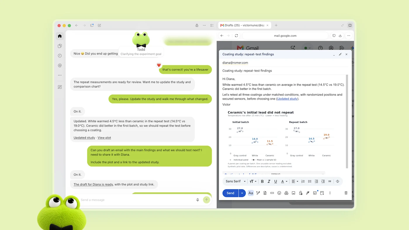 O dot verde Todd discute resultados de testes repetidos, ao lado de um rascunho de e-mail e de um gráfico comparativo.