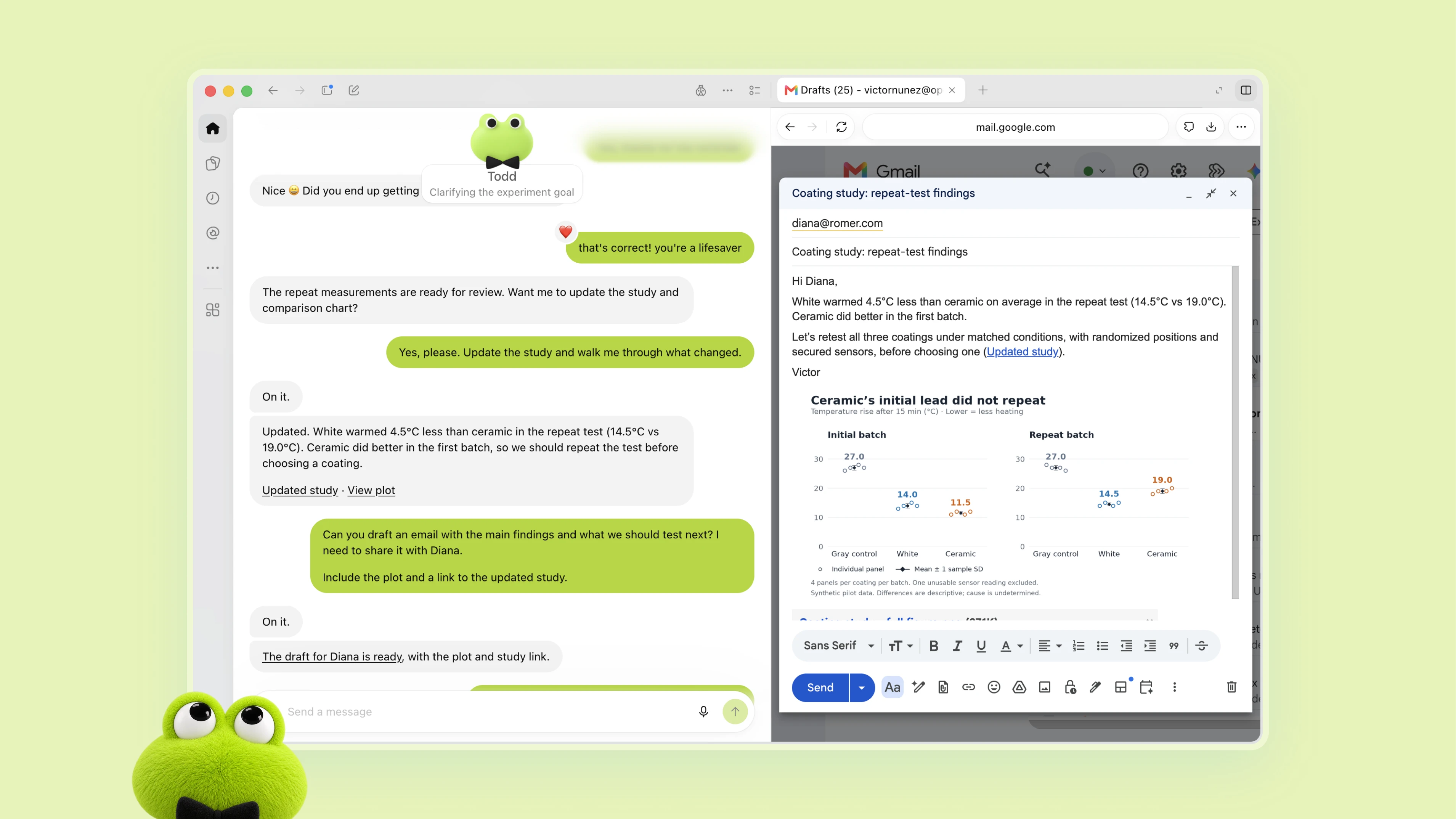 Green dot Todd discusses repeat test findings beside an email draft and comparison chart.