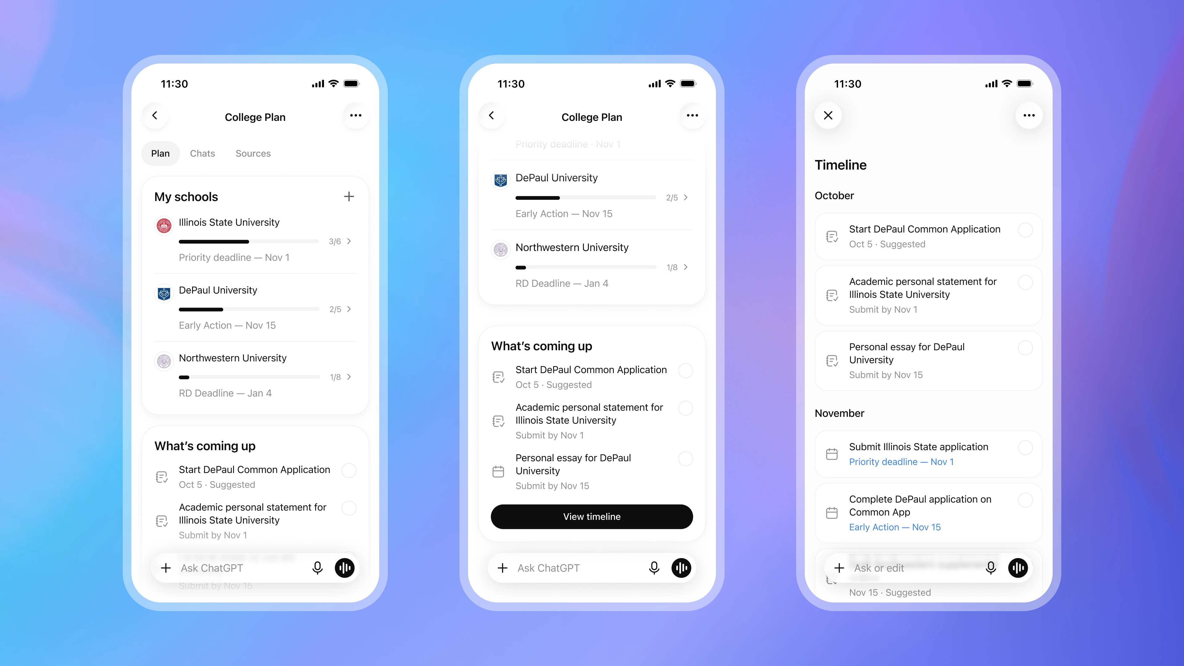 College Planner displays a student’s school list, application progress, upcoming tasks, and timeline.